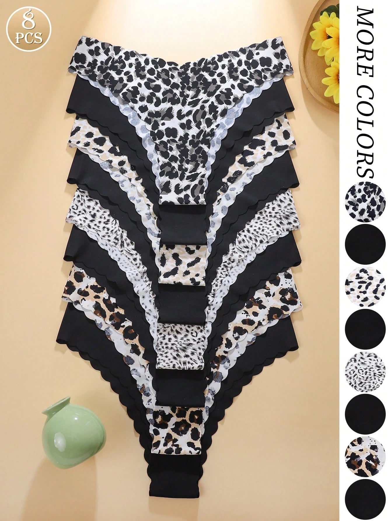 8-Pack Seamless Triangle Panties | Wavy Trim Leopard & Solid Colors | Soft Comfortable Everyday Underwear