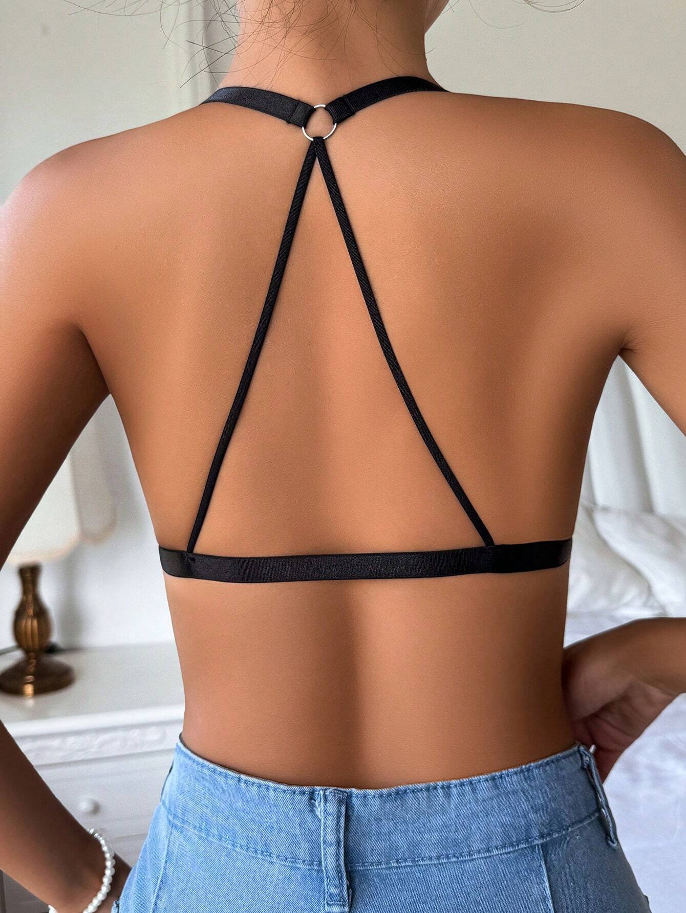 Women’s Black Front Closure Lace Bralette | Wireless Push-Up Comfort Bra