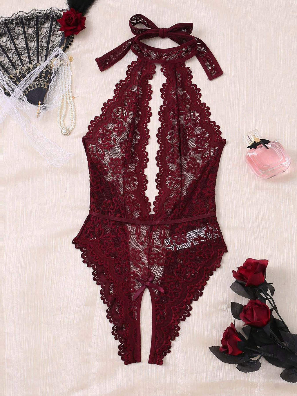Sexy Floral Lace Scallop Trim Crotchless Teddy Bodysuit Lingerie