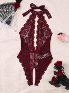 Sexy Floral Lace Scallop Trim Crotchless Teddy Bodysuit Lingerie
