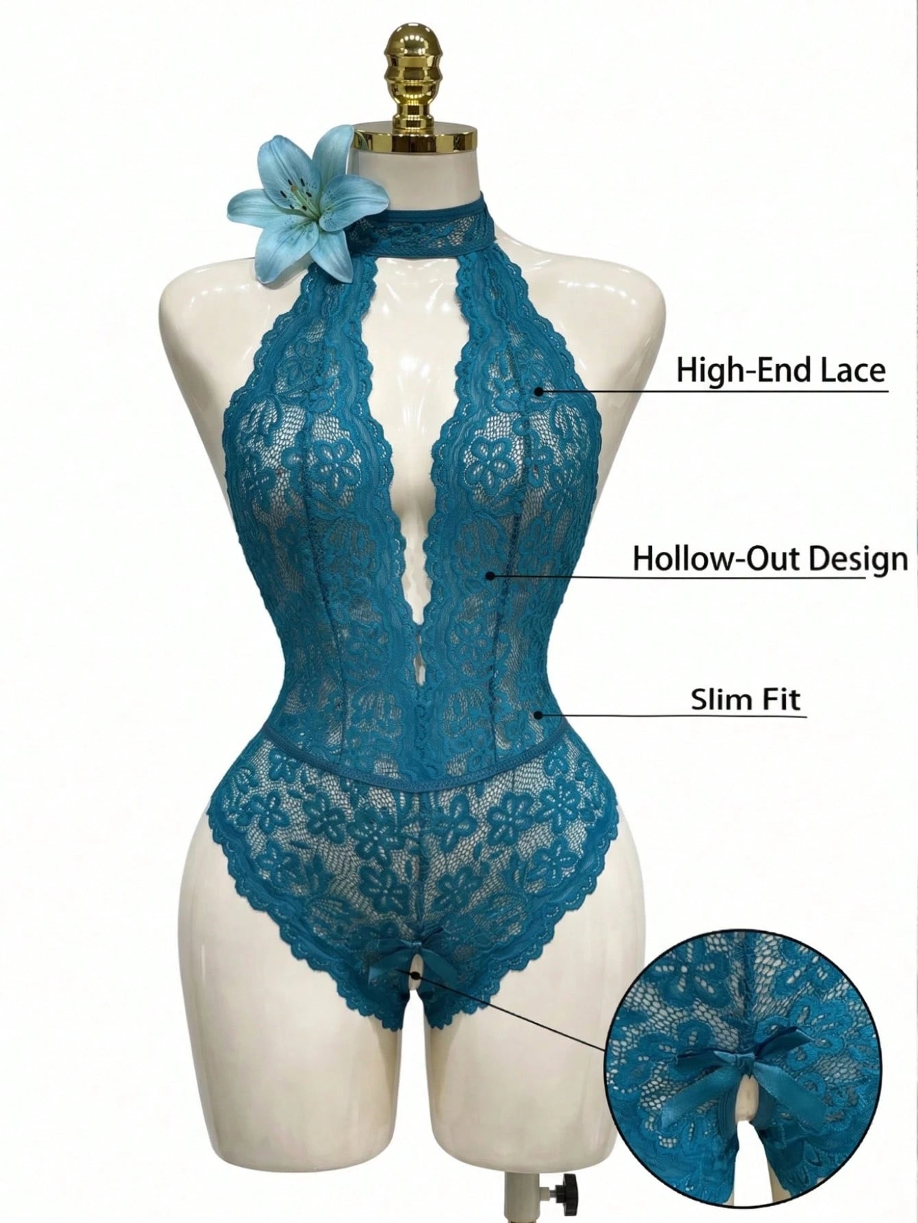 Sexy Floral Lace Scallop Trim Crotchless Teddy Bodysuit Lingerie