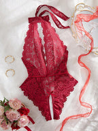 Sexy Floral Lace Scallop Trim Crotchless Teddy Bodysuit Lingerie