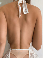 Sexy Floral Lace Scallop Trim Crotchless Teddy Bodysuit Lingerie