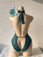 Sexy Floral Lace Scallop Trim Crotchless Teddy Bodysuit Lingerie