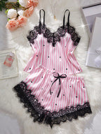 2-Piece Heart Print Satin Lounge Set | Eyelash Lace Trim & Adjustable Straps