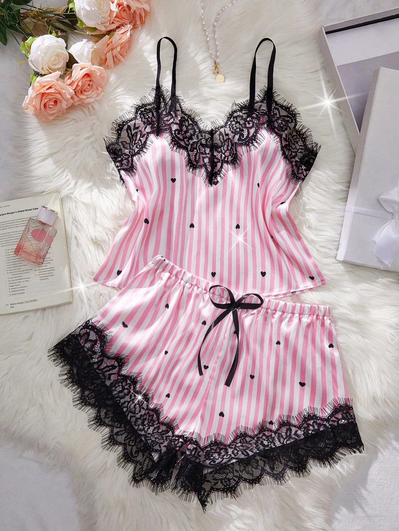 2-Piece Heart Print Satin Lounge Set | Eyelash Lace Trim & Adjustable Straps