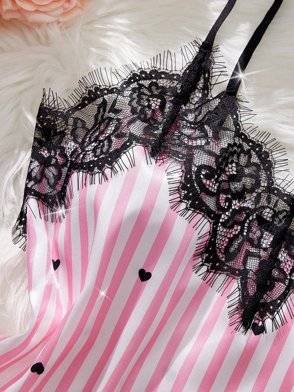 2-Piece Heart Print Satin Lounge Set | Eyelash Lace Trim & Adjustable Straps