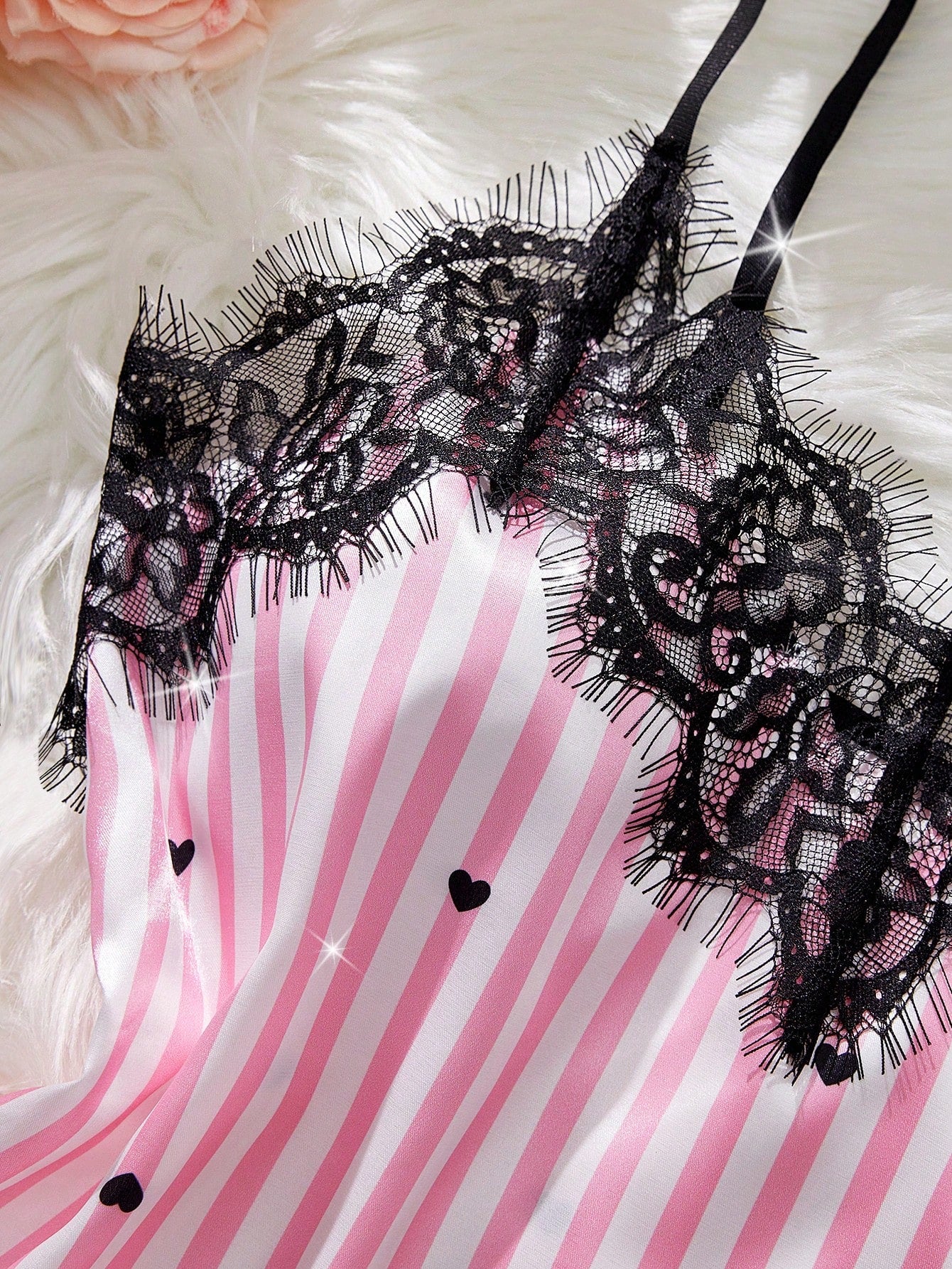 2-Piece Heart Print Satin Lounge Set | Eyelash Lace Trim & Adjustable Straps