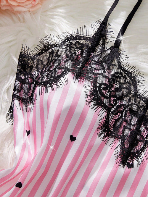 2-Piece Heart Print Satin Lounge Set | Eyelash Lace Trim & Adjustable Straps