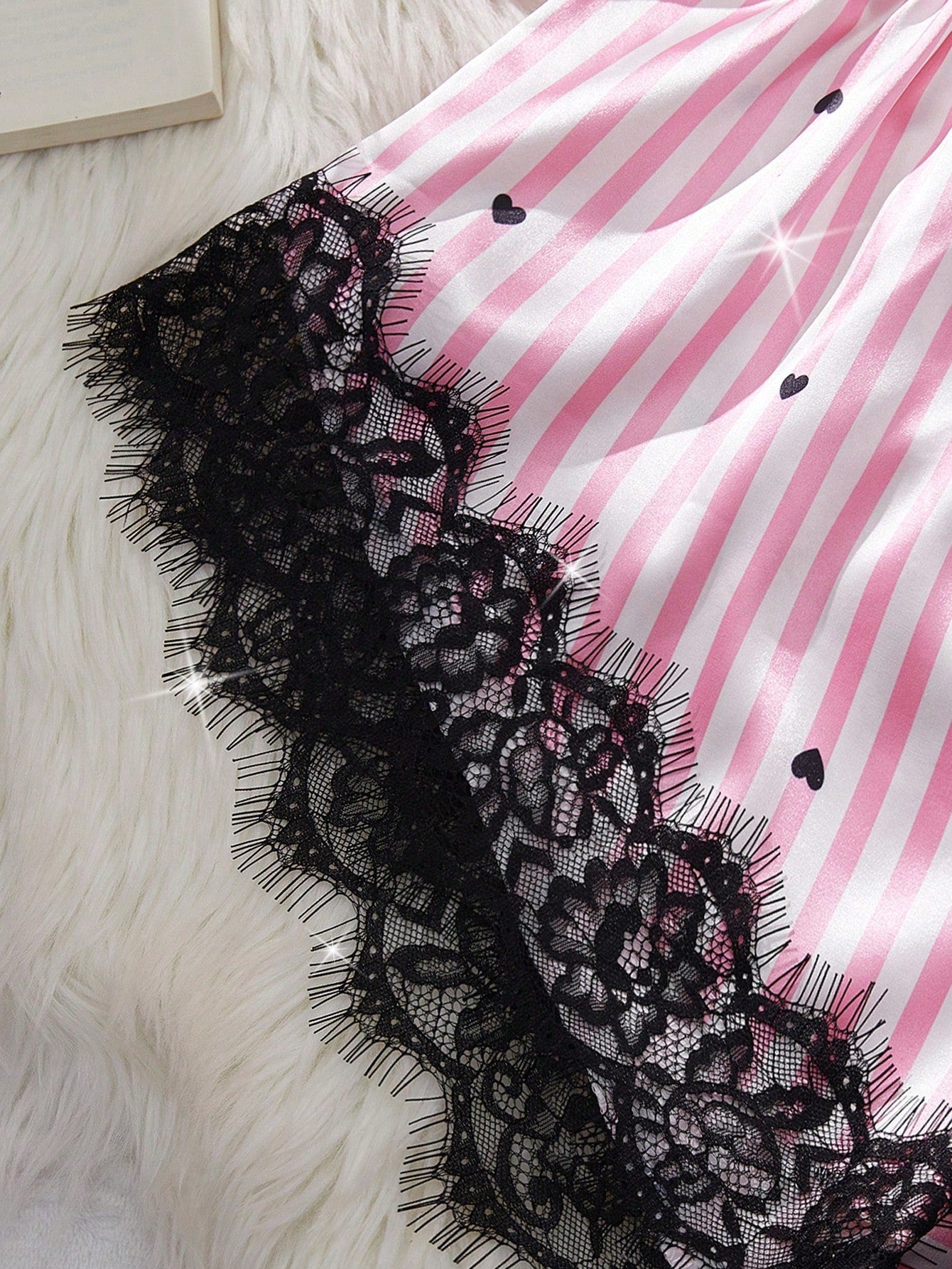 2-Piece Heart Print Satin Lounge Set | Eyelash Lace Trim & Adjustable Straps