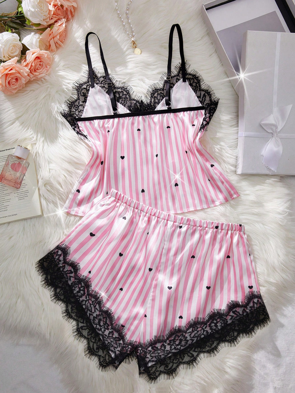 2-Piece Heart Print Satin Lounge Set | Eyelash Lace Trim & Adjustable Straps