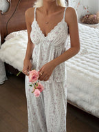 Floral Wide-Leg Lounge Set | Contrast Lace Trim Pajamas