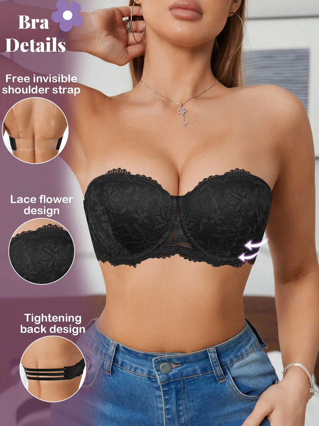 Women’s Lace Underwire Push-Up Bra | Strapless Bandeau Detachable Straps Invisible Lingerie Top