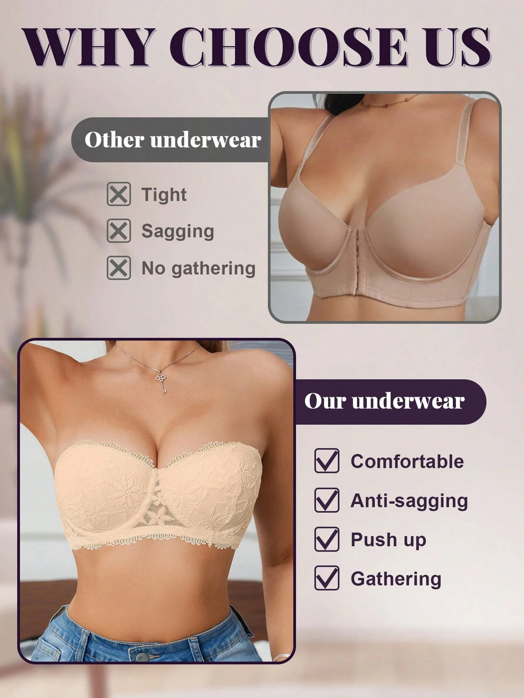 Women’s Lace Underwire Push-Up Bra | Strapless Bandeau Detachable Straps Invisible Lingerie Top
