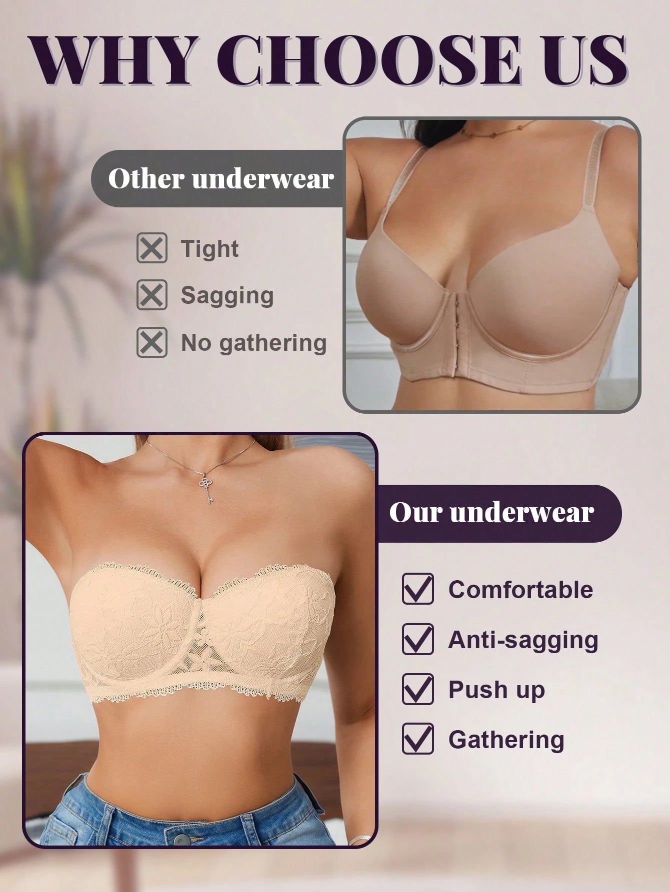 Women’s Lace Underwire Push-Up Bra | Strapless Bandeau Detachable Straps Invisible Lingerie Top