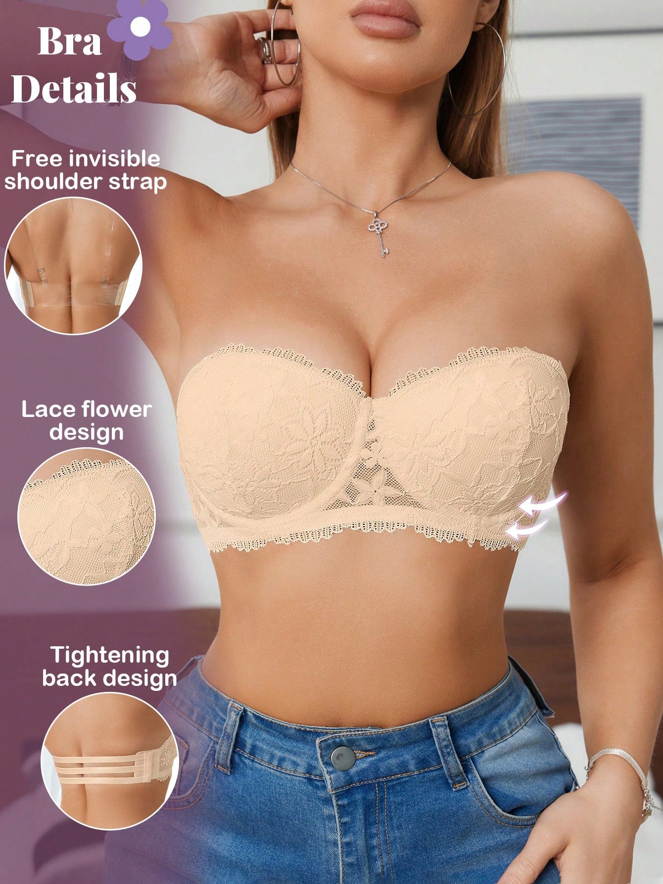 Women’s Lace Underwire Push-Up Bra | Strapless Bandeau Detachable Straps Invisible Lingerie Top