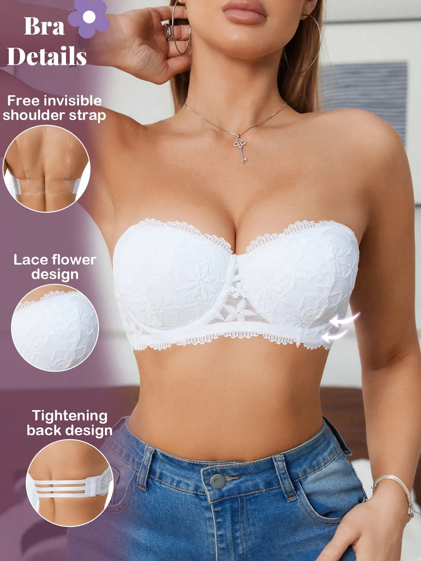 Women’s Lace Underwire Push-Up Bra | Strapless Bandeau Detachable Straps Invisible Lingerie Top