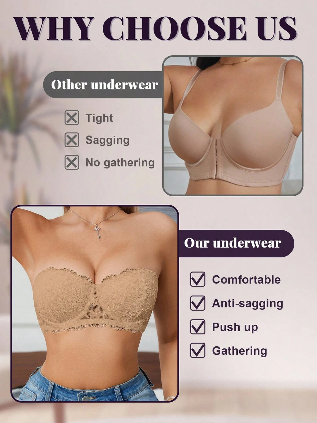 Women’s Lace Underwire Push-Up Bra | Strapless Bandeau Detachable Straps Invisible Lingerie Top