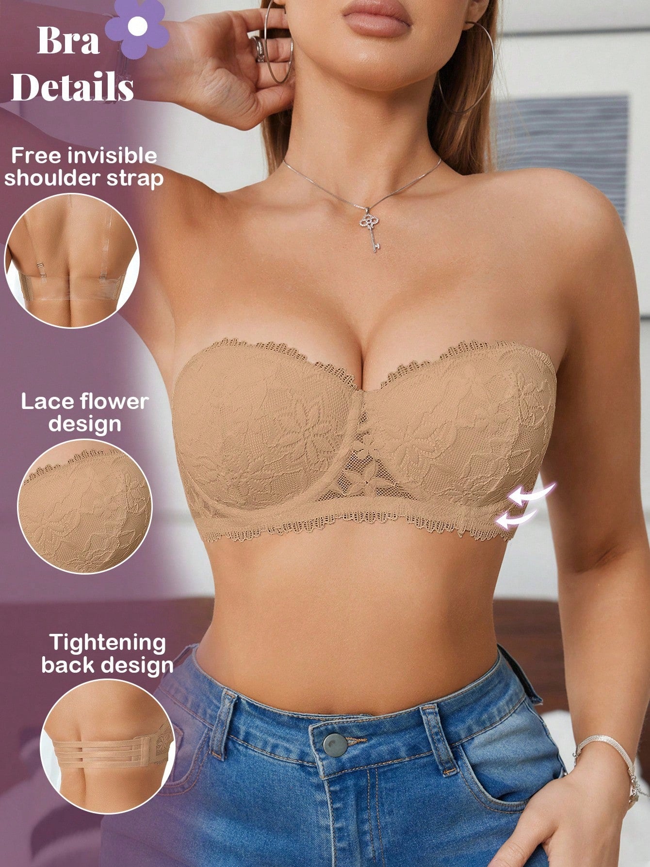 Women’s Lace Underwire Push-Up Bra | Strapless Bandeau Detachable Straps Invisible Lingerie Top