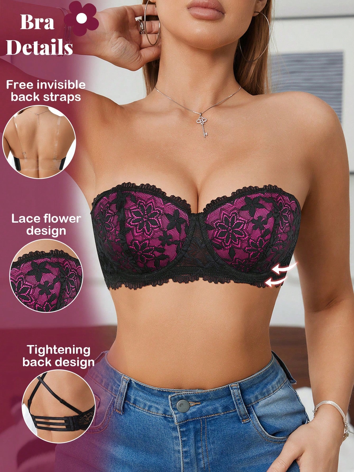 Women’s Lace Underwire Push-Up Bra | Strapless Bandeau Detachable Straps Invisible Lingerie Top