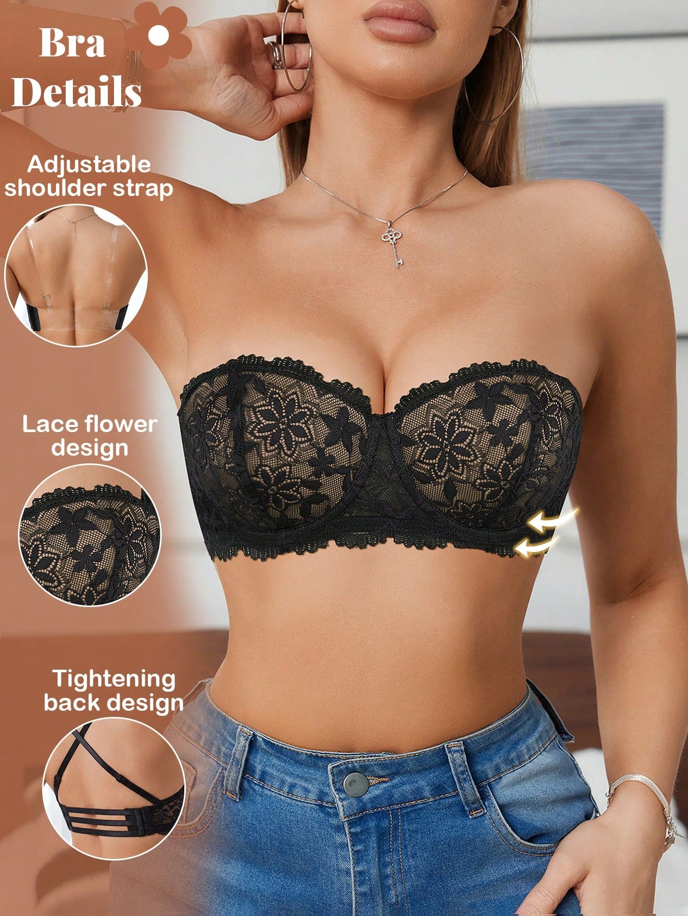 Women’s Lace Underwire Push-Up Bra | Strapless Bandeau Detachable Straps Invisible Lingerie Top