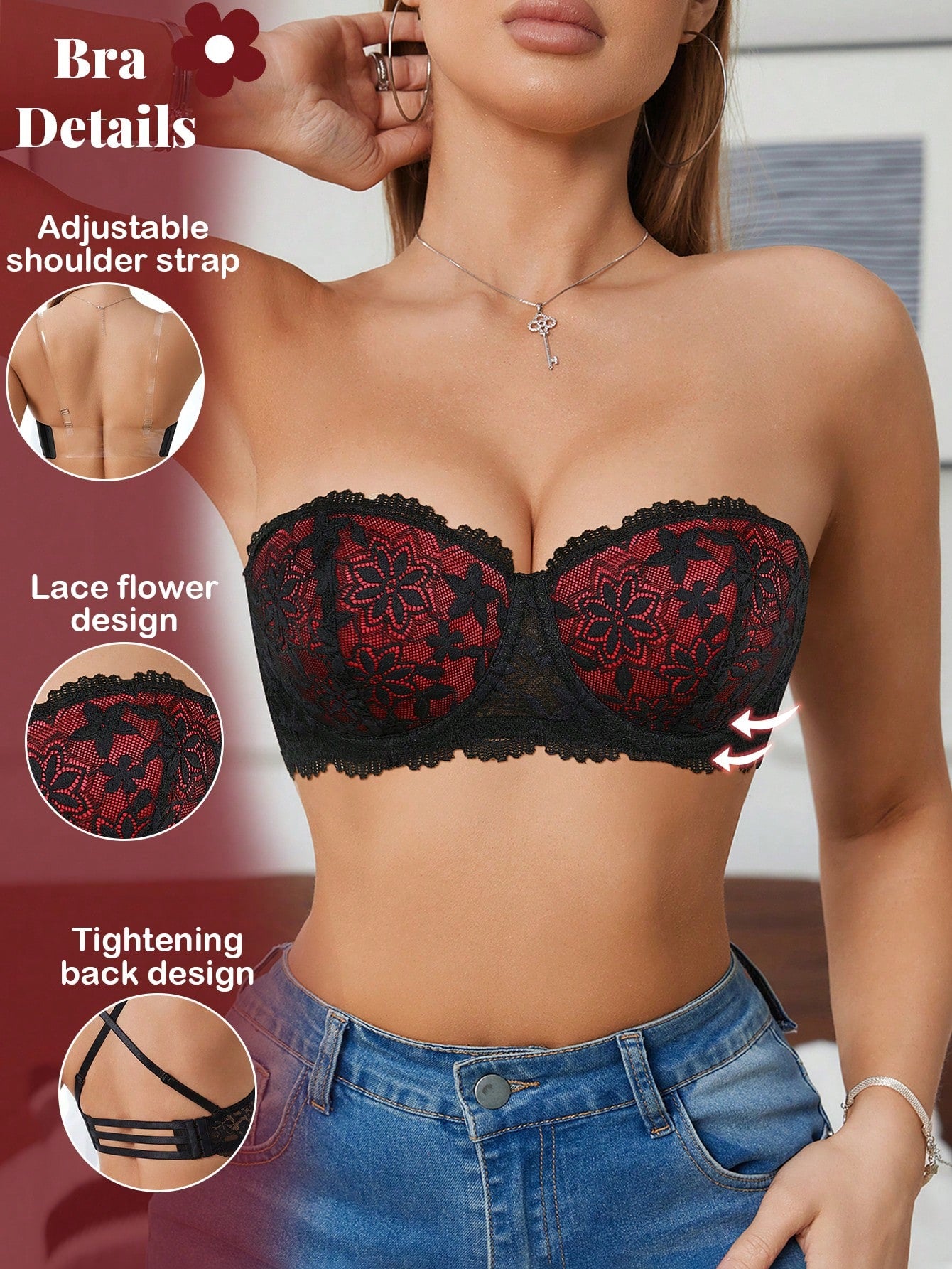 Women’s Lace Underwire Push-Up Bra | Strapless Bandeau Detachable Straps Invisible Lingerie Top
