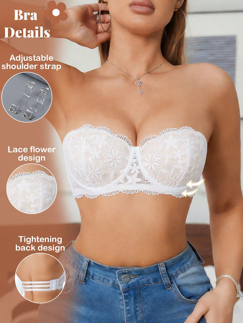 Women’s Lace Underwire Push-Up Bra | Strapless Bandeau Detachable Straps Invisible Lingerie Top