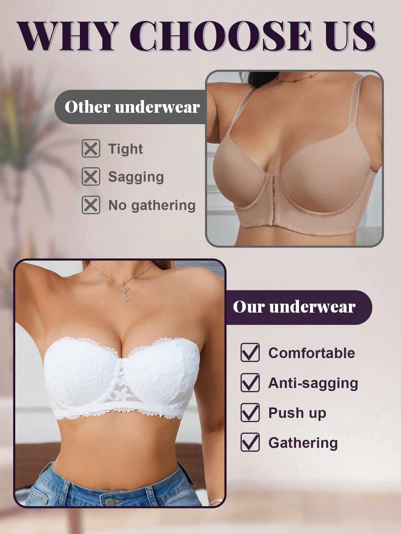 Women’s Lace Underwire Push-Up Bra | Strapless Bandeau Detachable Straps Invisible Lingerie Top