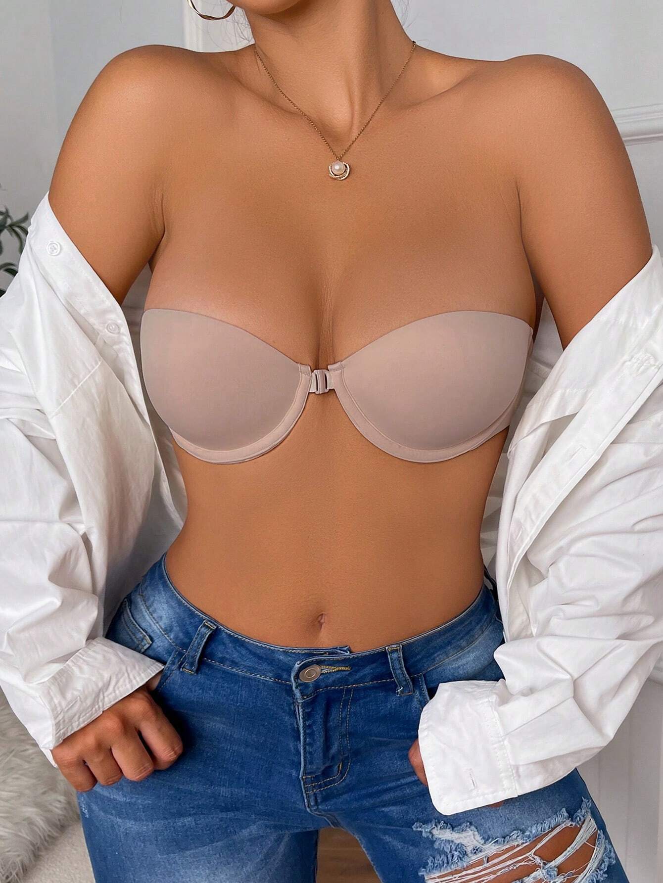 Women’s Beige Seamless Strapless Backless Bra – Padded Push-Up Bralette | Casual Everyday Comfort