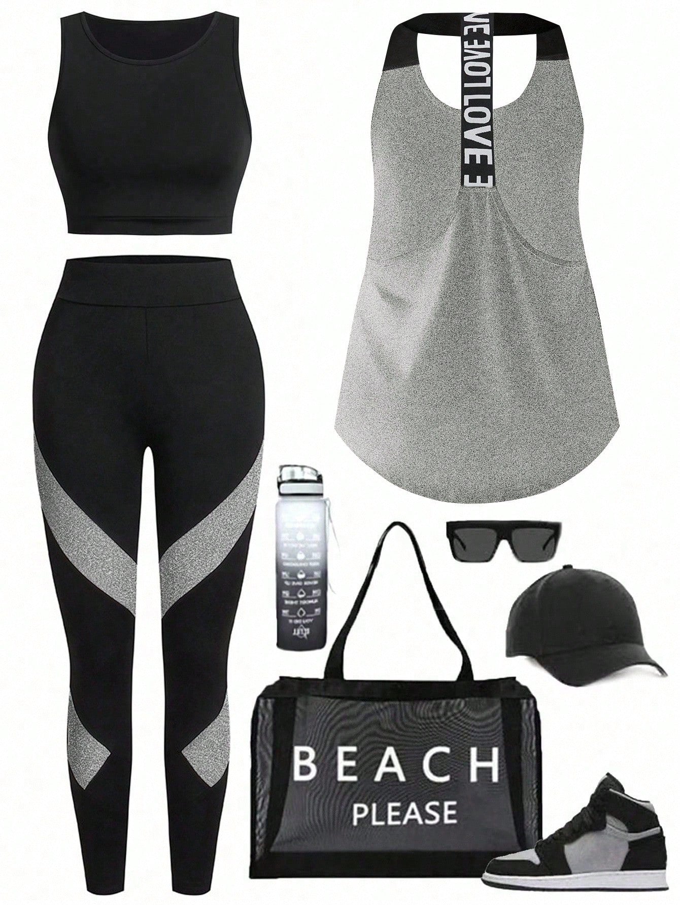 Short & Punchy  Graphic Cami & Contrast Leggings Sports Set