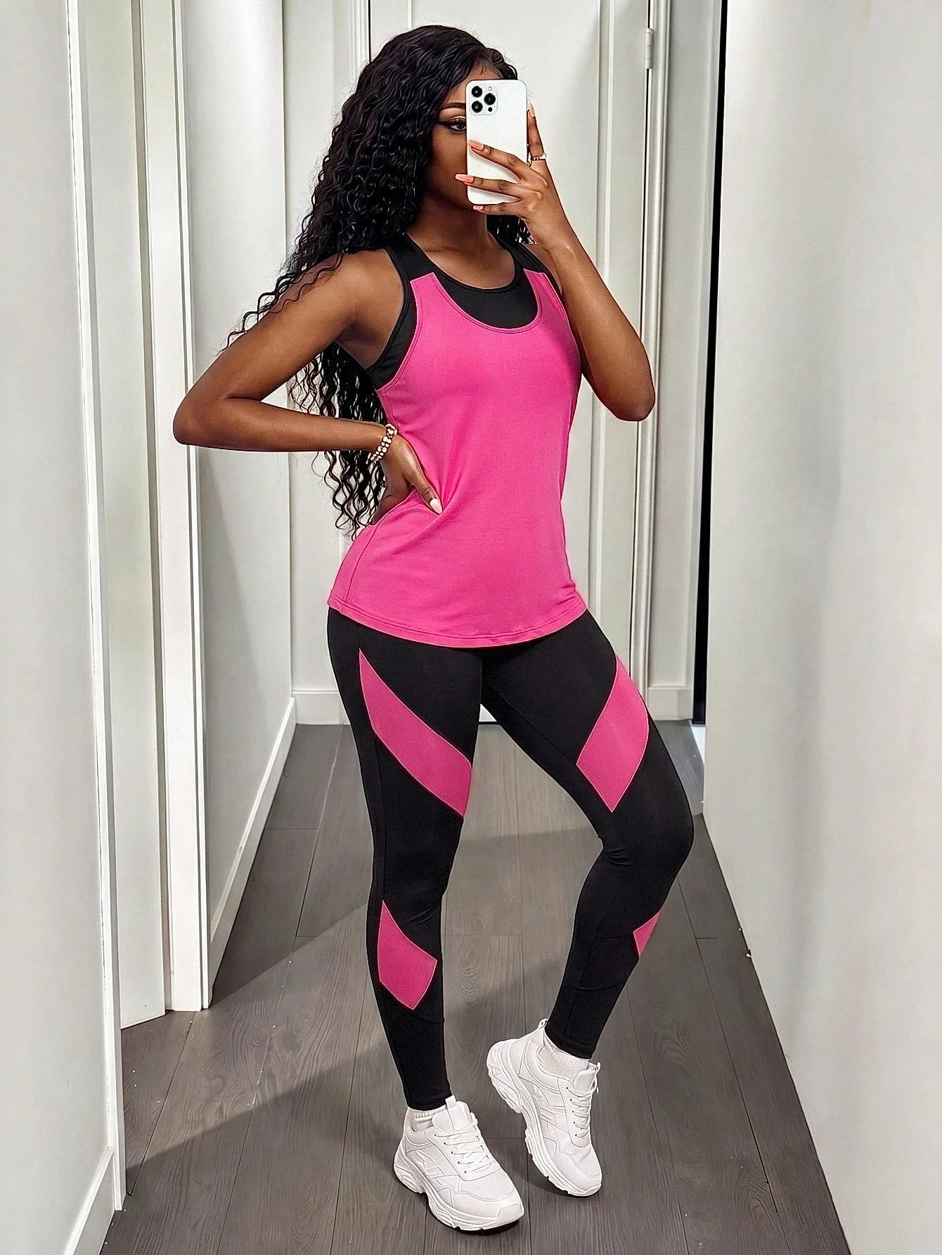 Short & Punchy  Graphic Cami & Contrast Leggings Sports Set