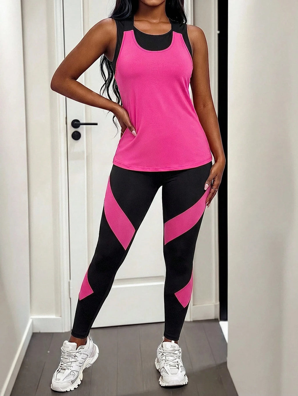 Short & Punchy  Graphic Cami & Contrast Leggings Sports Set