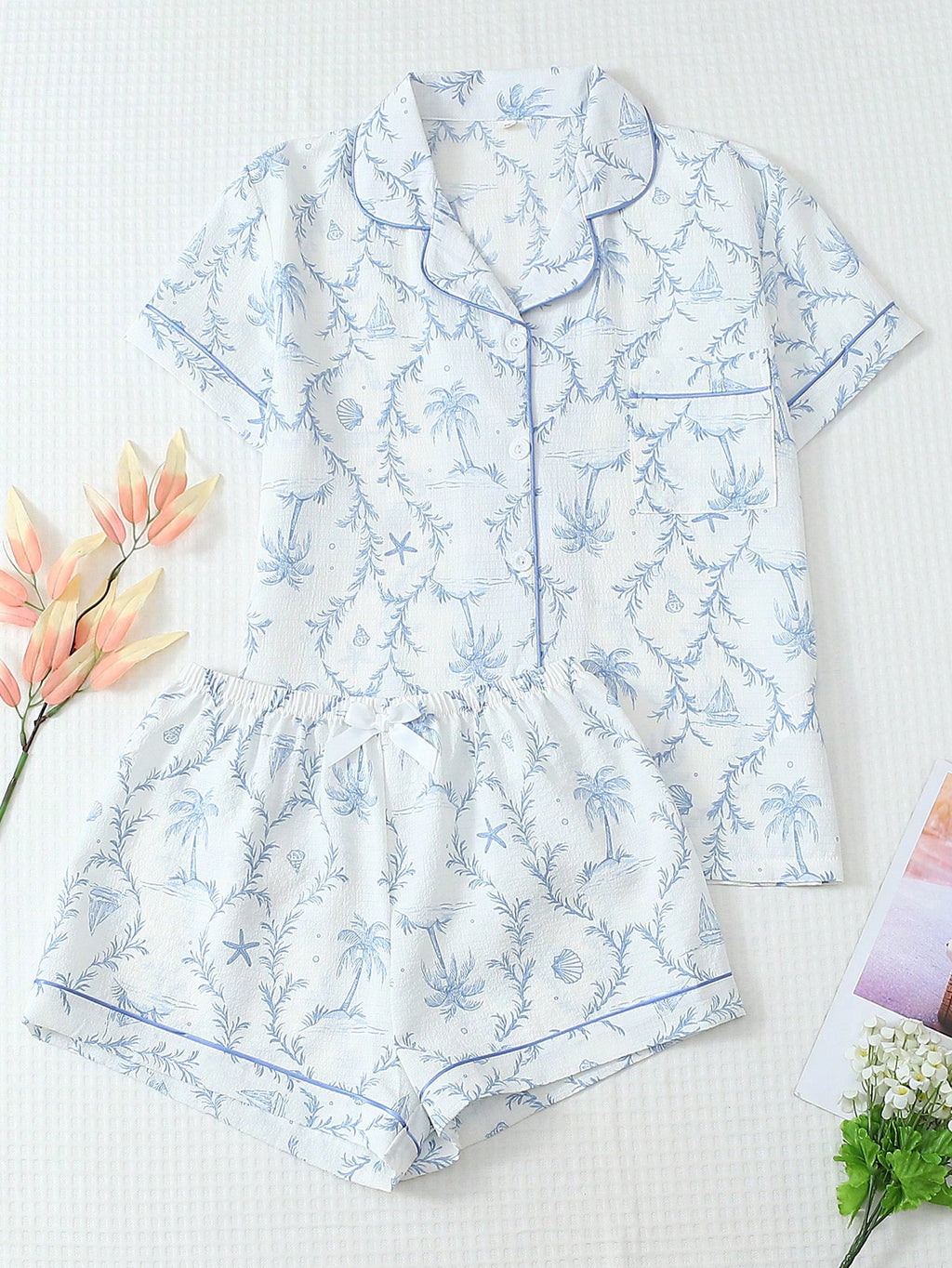 2-Piece Coconut Tree Lounge Set | Lapel Shirt & Bow Detail Shorts