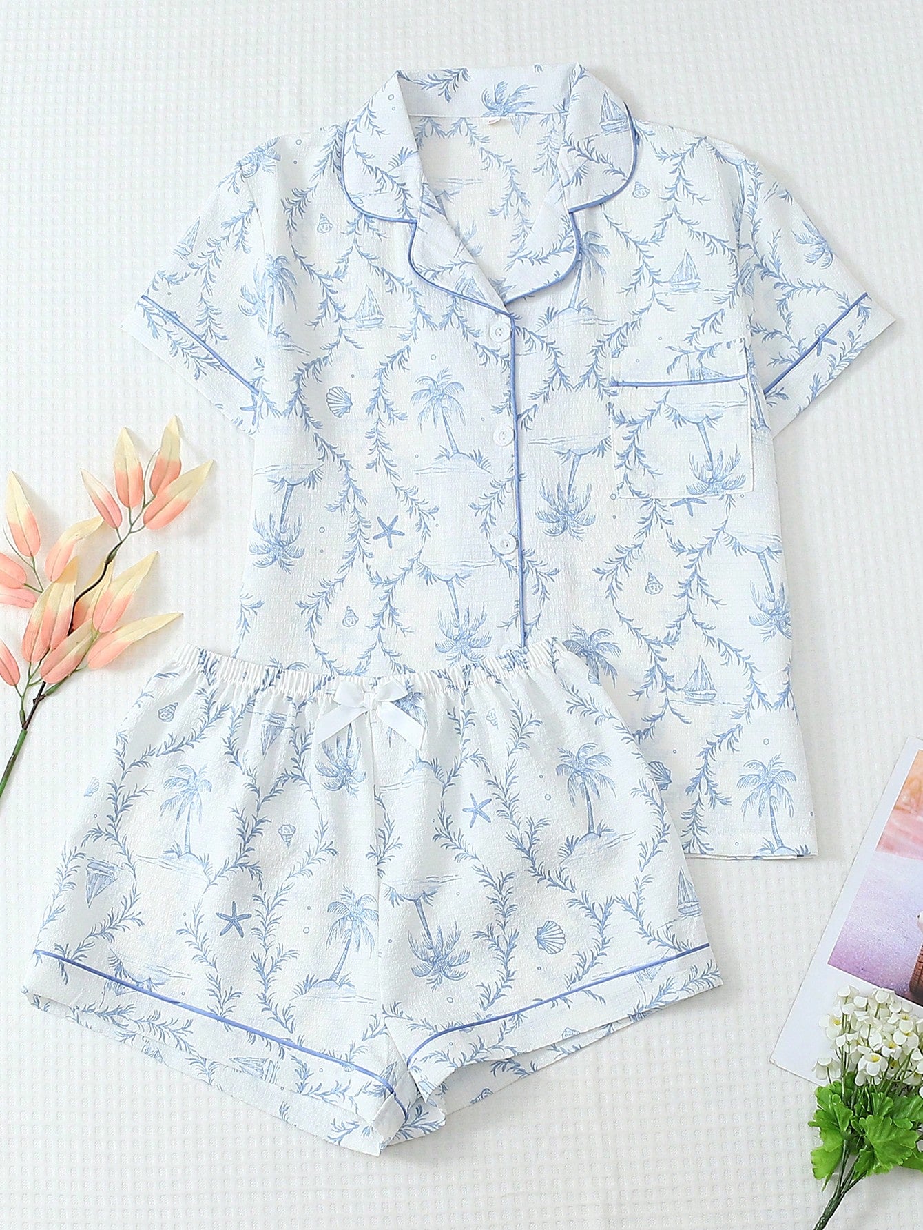 2-Piece Coconut Tree Lounge Set | Lapel Shirt & Bow Detail Shorts