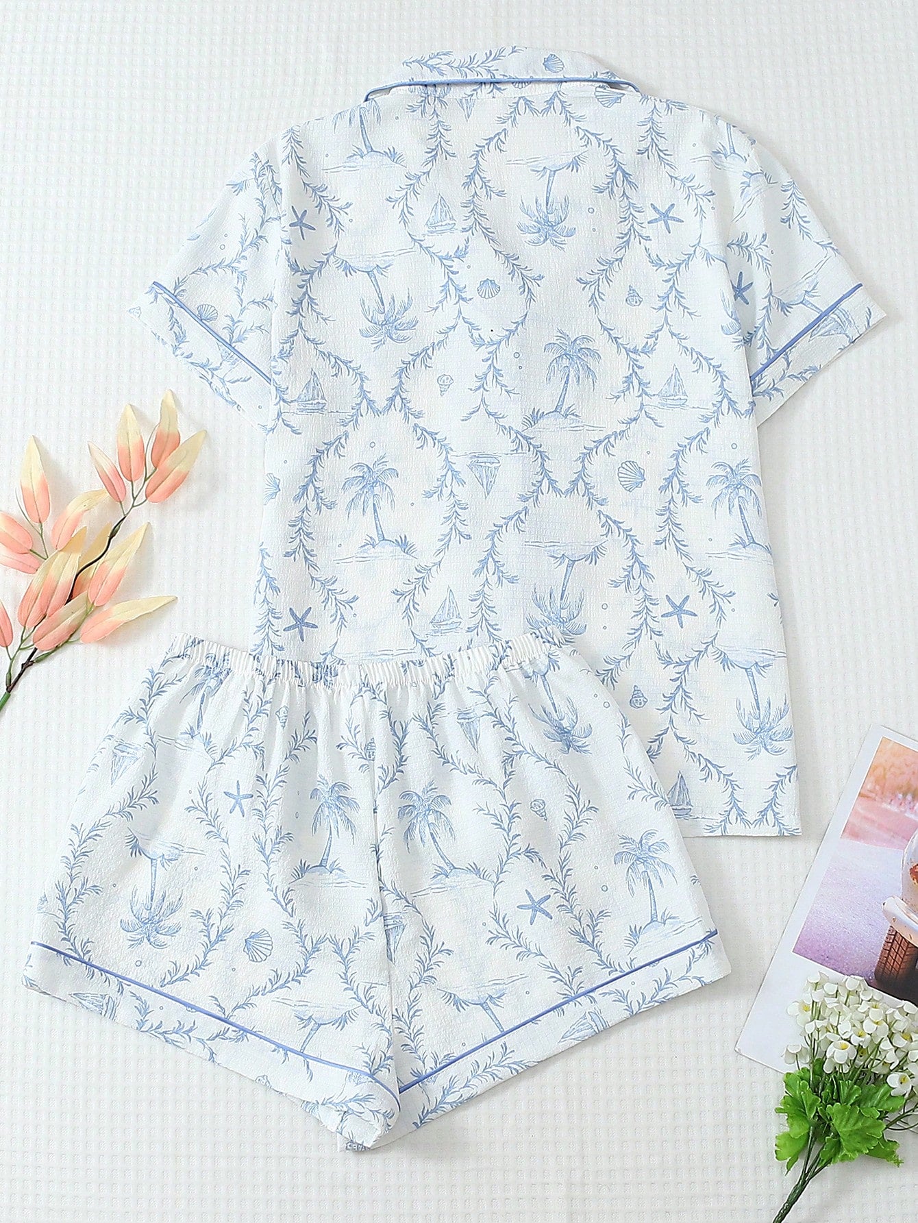 2-Piece Coconut Tree Lounge Set | Lapel Shirt & Bow Detail Shorts