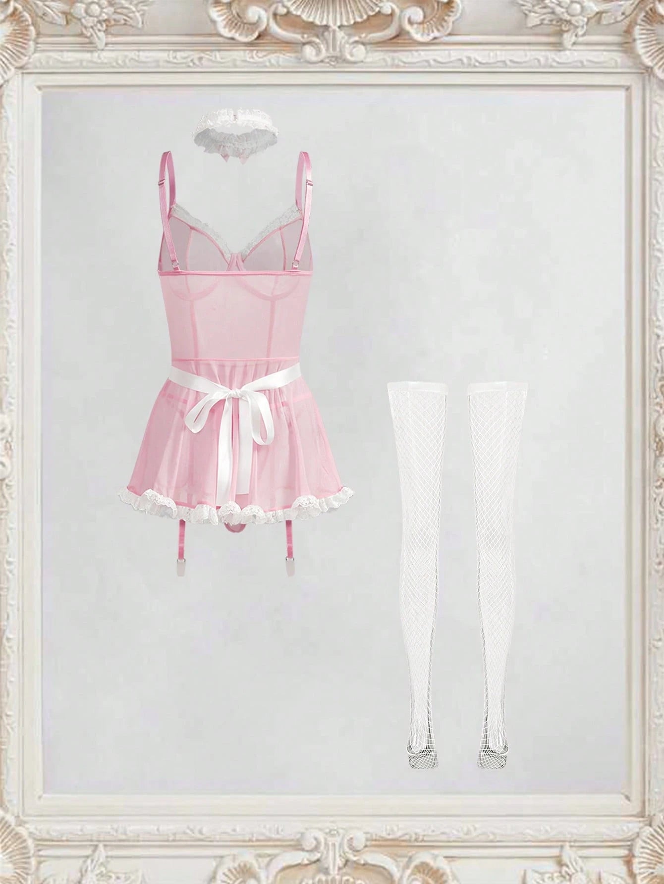 Classic Maid Costume for Women, 6 Piece Set with Lace Dress and Stockings