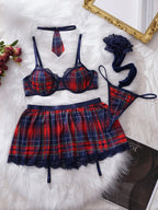 Stylish 6 Piece Lingerie Set for Women with Pleated Skirt and Fishnet Stockings