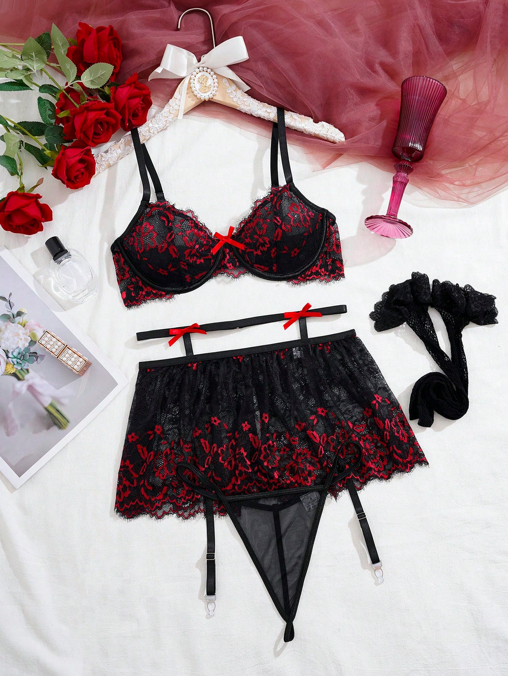 Women’s Floral Lace Lingerie Set with Underwire and Garter Belt