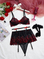 Women’s Floral Lace Lingerie Set with Underwire and Garter Belt