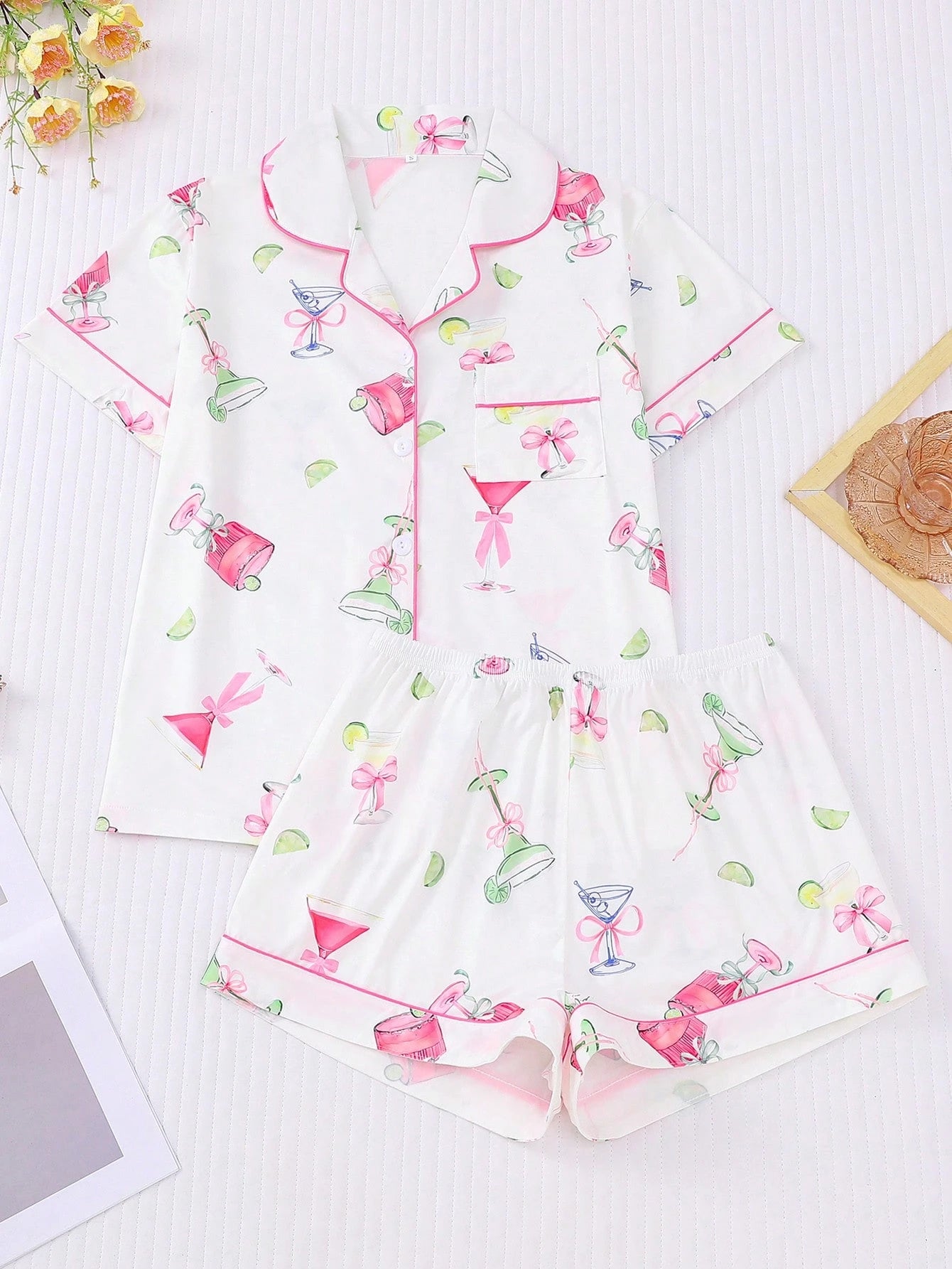 2-Piece Citrus & Wine Lounge Set | Collared Button-Up Top & Elastic Shorts