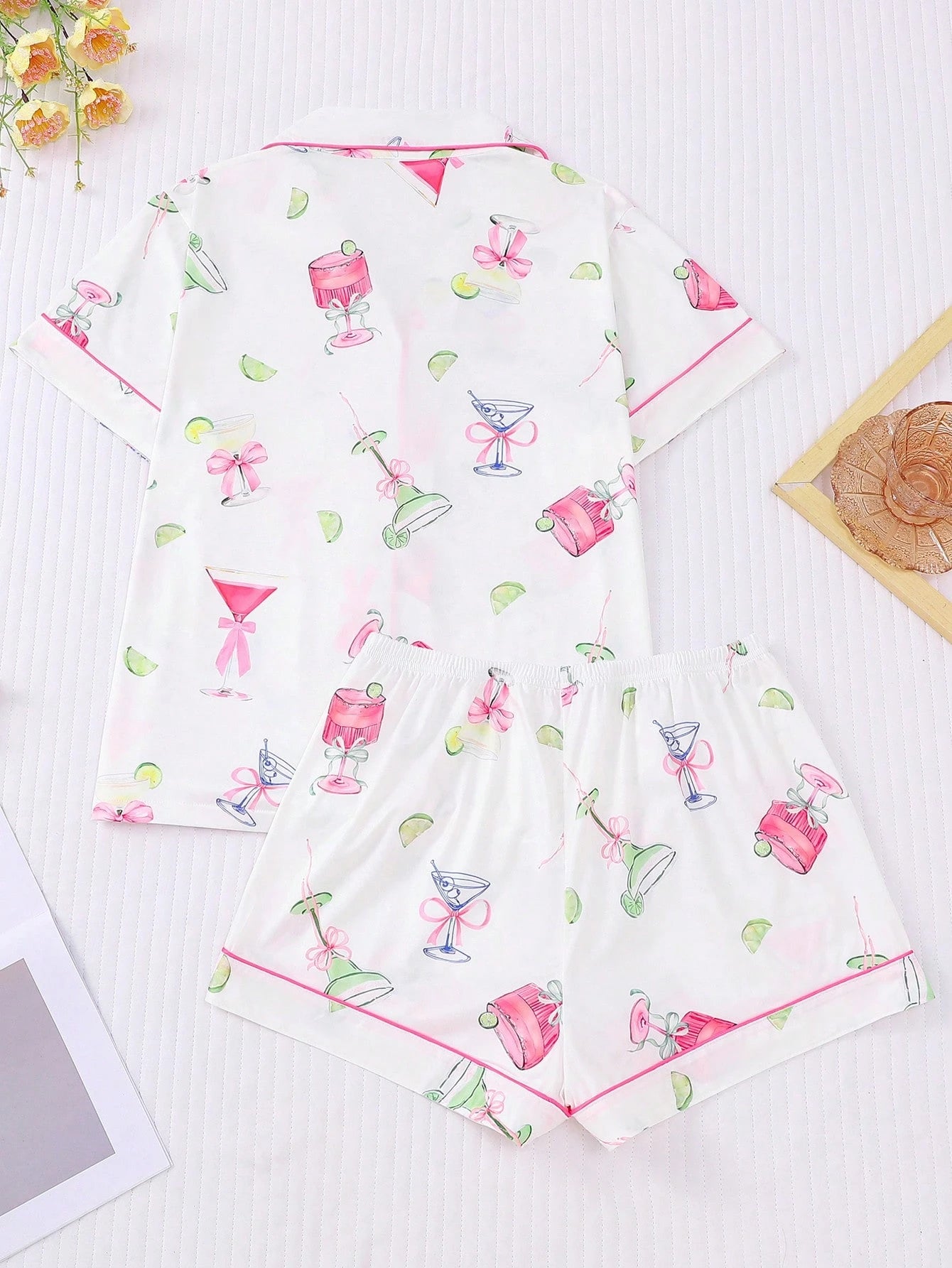 2-Piece Citrus & Wine Lounge Set | Collared Button-Up Top & Elastic Shorts
