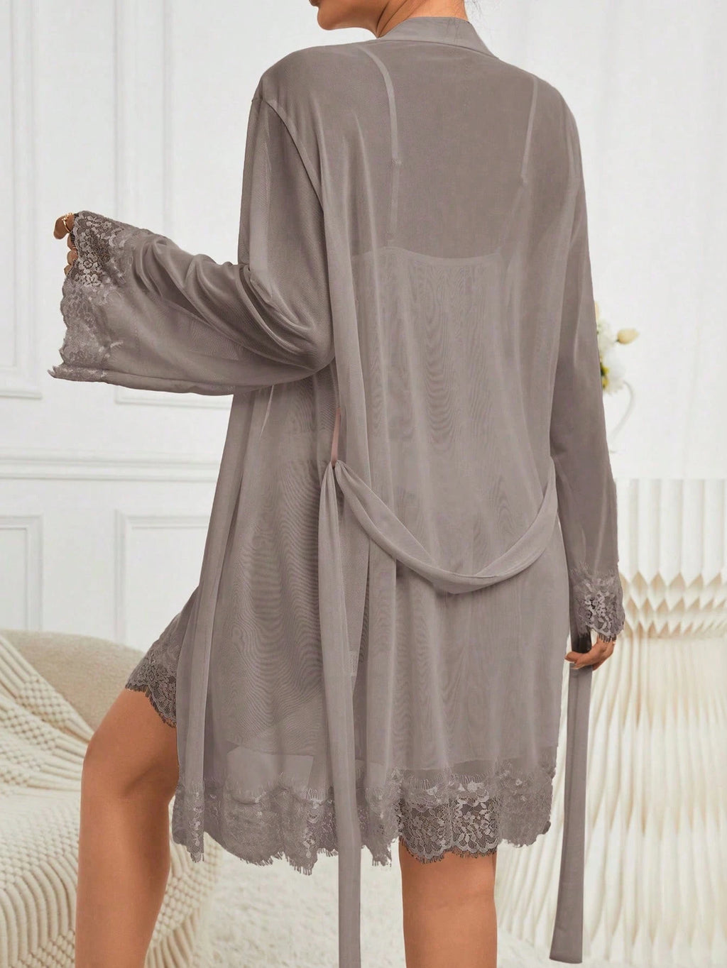 Lace-Paneled Lounge Set | Solid Color 2-Piece Pajamas