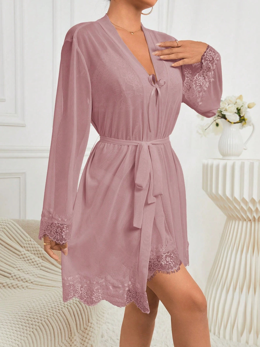 Lace-Paneled Lounge Set | Solid Color 2-Piece Pajamas