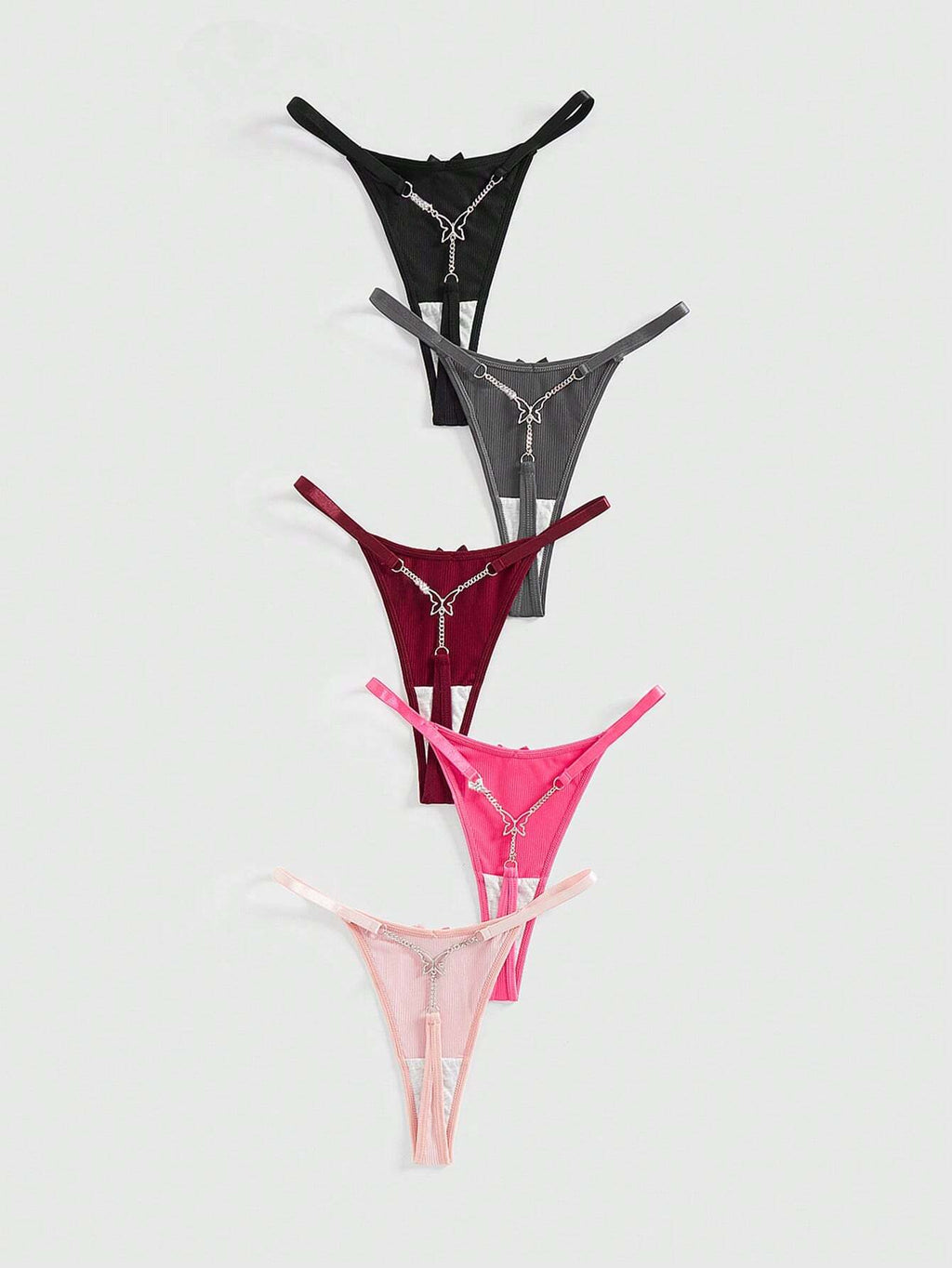 5pcs Gyaru Ribbed G-String Set | Butterfly Chain Detail | Stretchy Knit Low-Rise Thongs