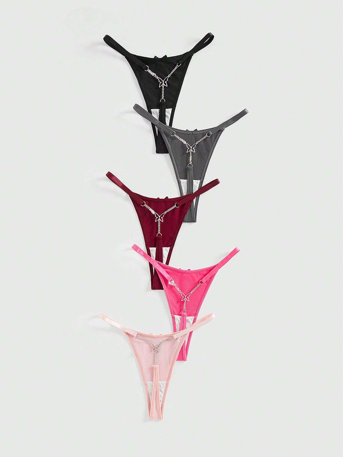 5pcs Gyaru Ribbed G-String Set | Butterfly Chain Detail | Stretchy Knit Low-Rise Thongs