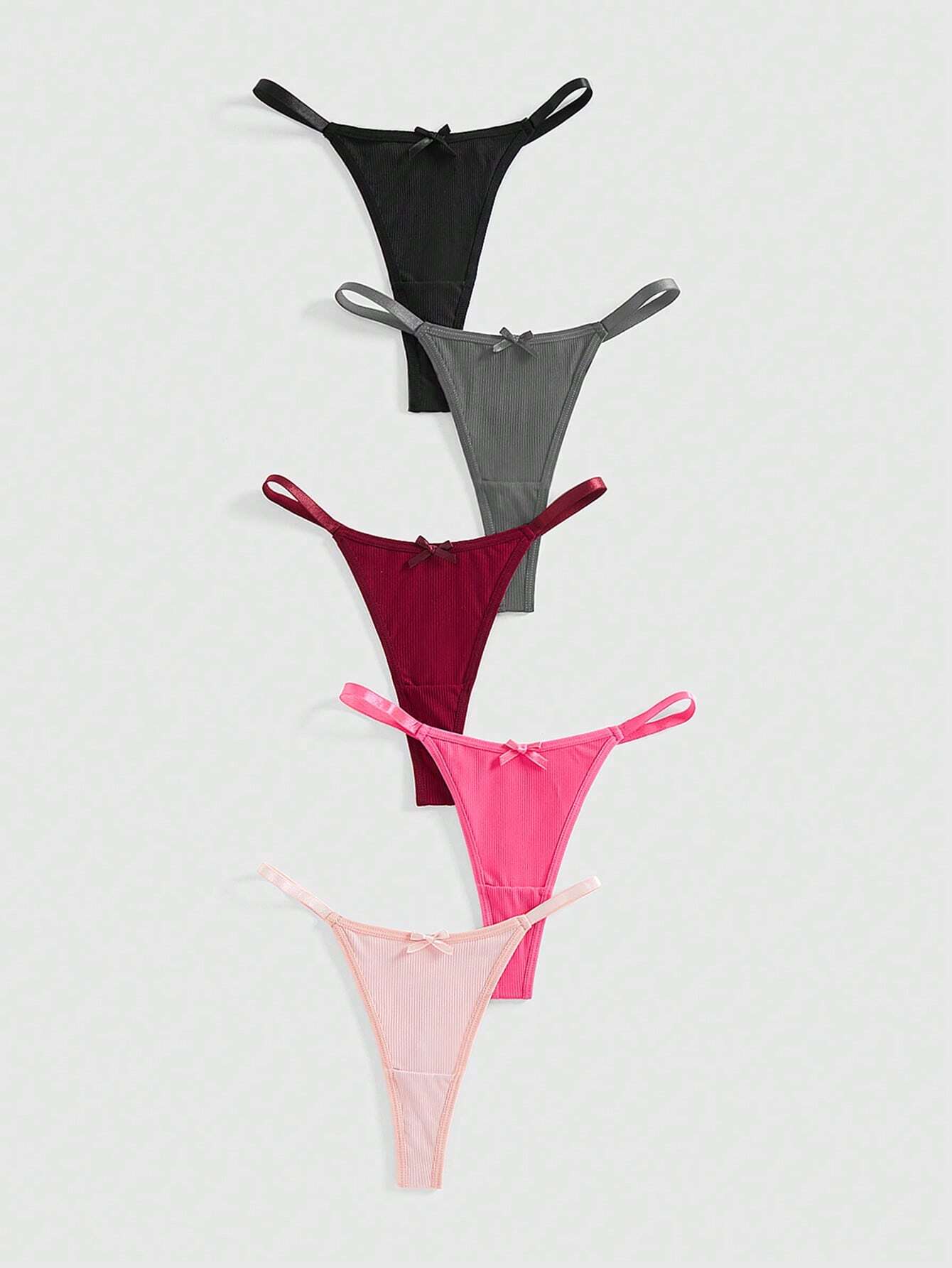 5pcs Gyaru Ribbed G-String Set | Butterfly Chain Detail | Stretchy Knit Low-Rise Thongs