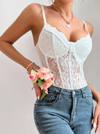 Women’s Romantic Lace Trim Backless Bodysuit, Slim Fit Sexy Style
