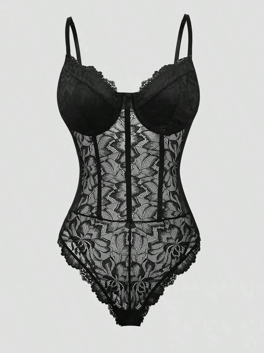 Women’s Romantic Lace Trim Backless Bodysuit, Slim Fit Sexy Style