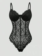 Women’s Romantic Lace Trim Backless Bodysuit, Slim Fit Sexy Style