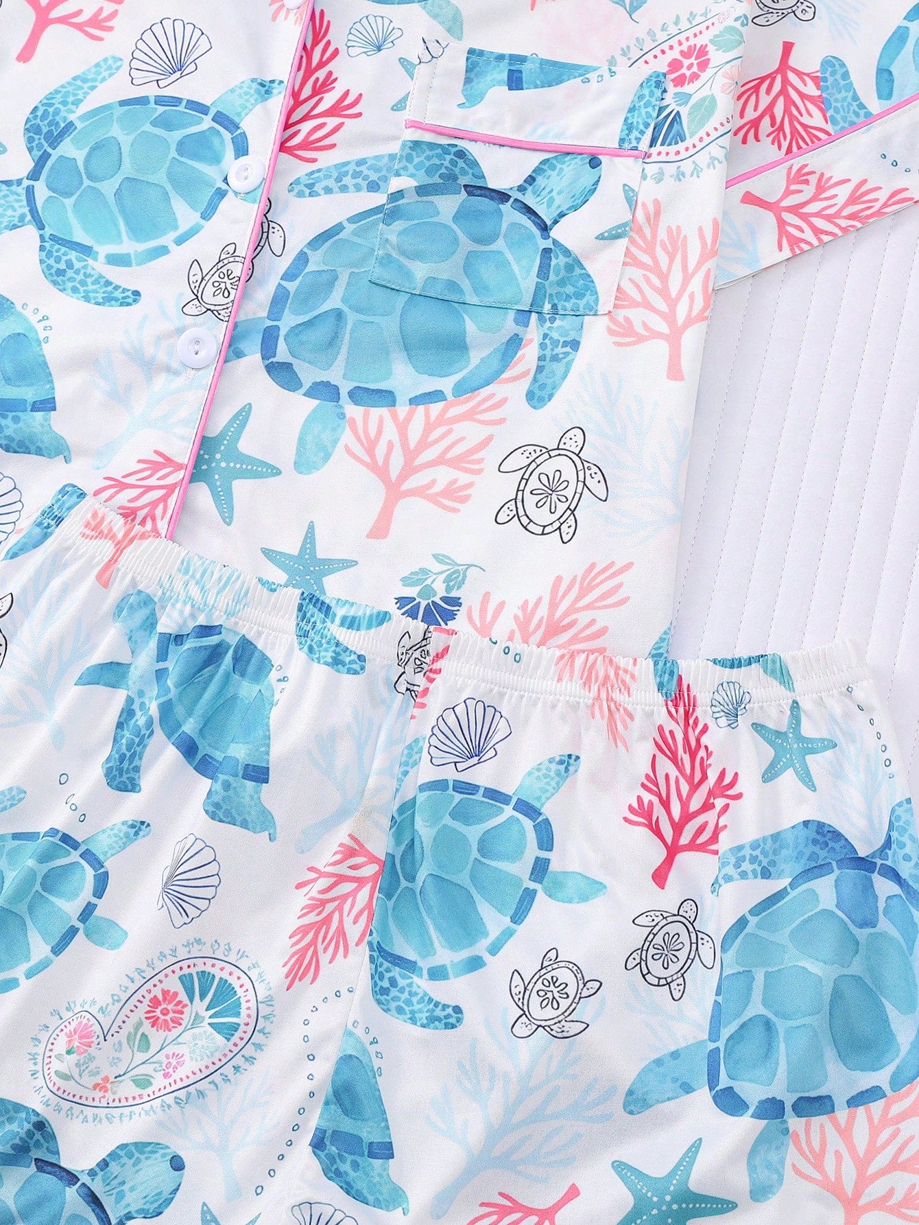 Turtle & Sea Element Print Pajama Set – Short Sleeve Lapel Button-Up & Shorts